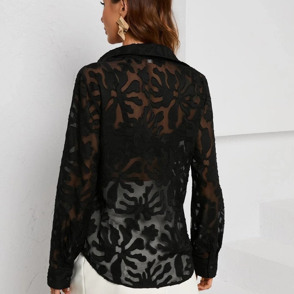 Black Preppy Womens Button Up Sheer Shirt - Picture 2 of 5